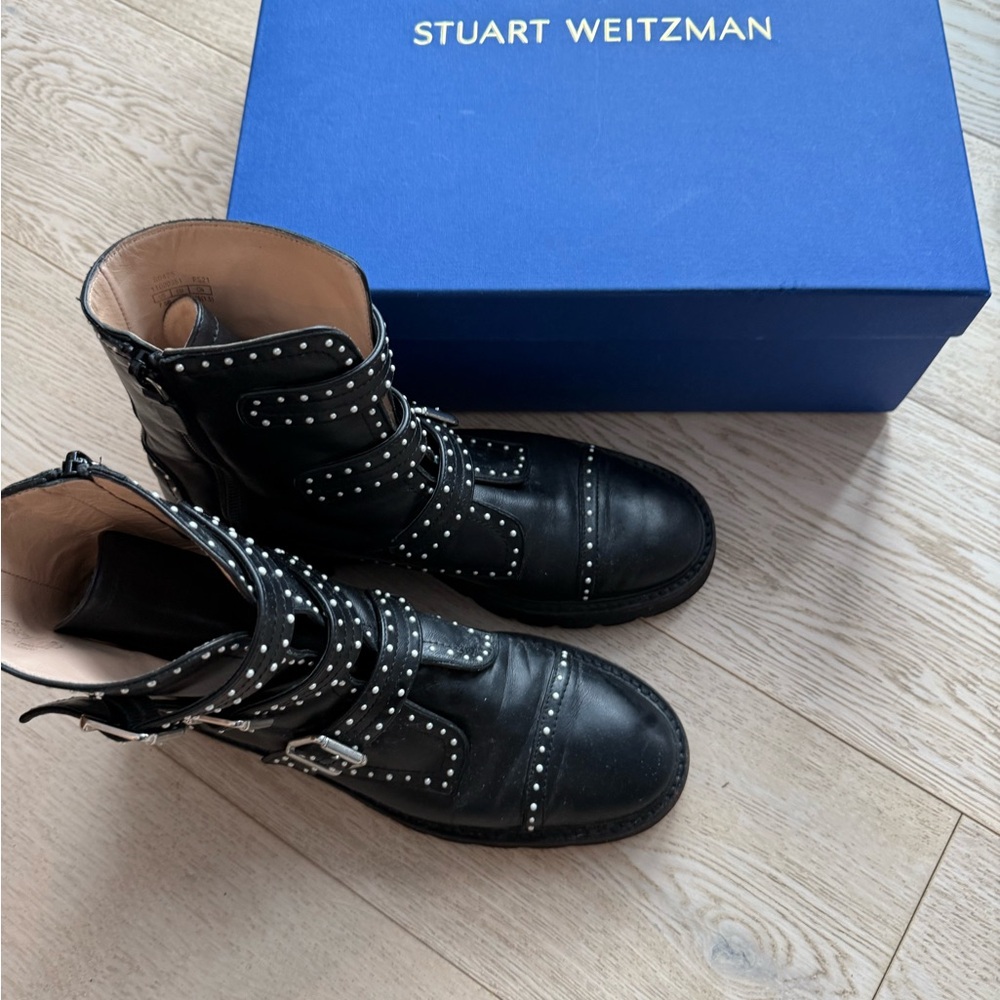 Stuart Weitzman Black Leather Combat Boots with Pearl Studs